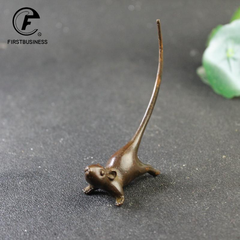 Long Tail Mouse Miniature Figurine Chinese Style Tea Pet Vintage Pure Copper Rat Ornament Desk Craft Home Decoration Accessories
