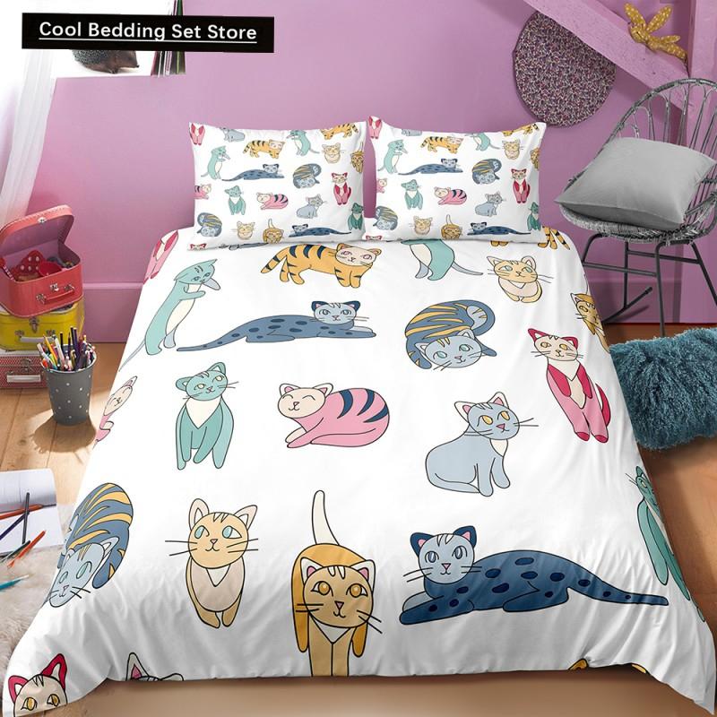 Katze Blumen König Königin Bettbezug Cartoon Kitty Floral Bettwäscheset für Kinder Niedliche Tiere Schwarz 2/3-teilig Polyester Steppdeckenbezug