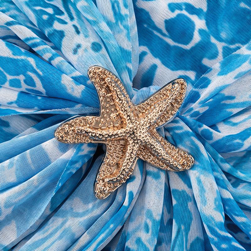 European Women's Summer Mesh Starfish Print Slim Dress with Sashes
