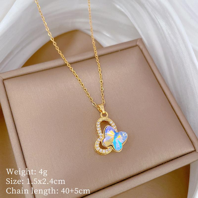 Colorful Butterfly Zircon Light Luxury Temperament Gorgeous Full Diamond Necklace Female Versatile Collarbone Chain Titanium Steel Chain
