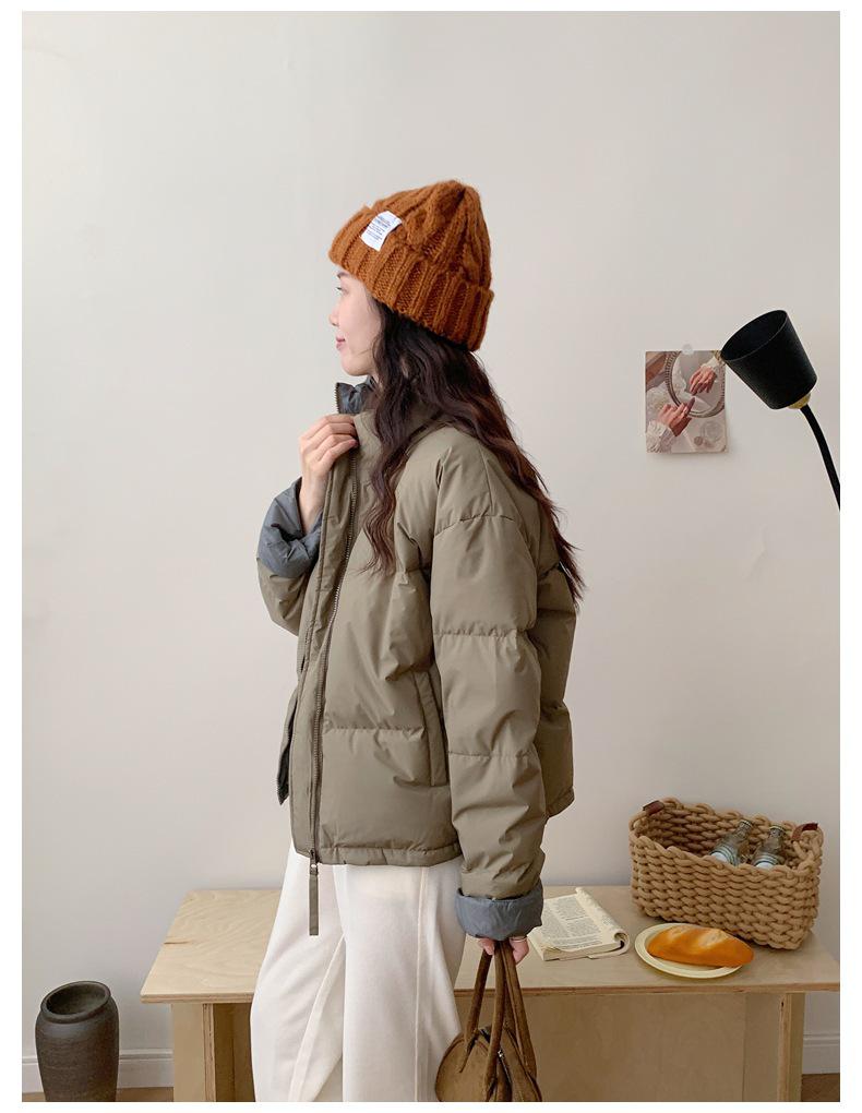 Women's 2025 Winter Korean Style Short Down Jacket, Thickened Stand-up Collar, Petite All-match White Duck Down Color Block Puffer.