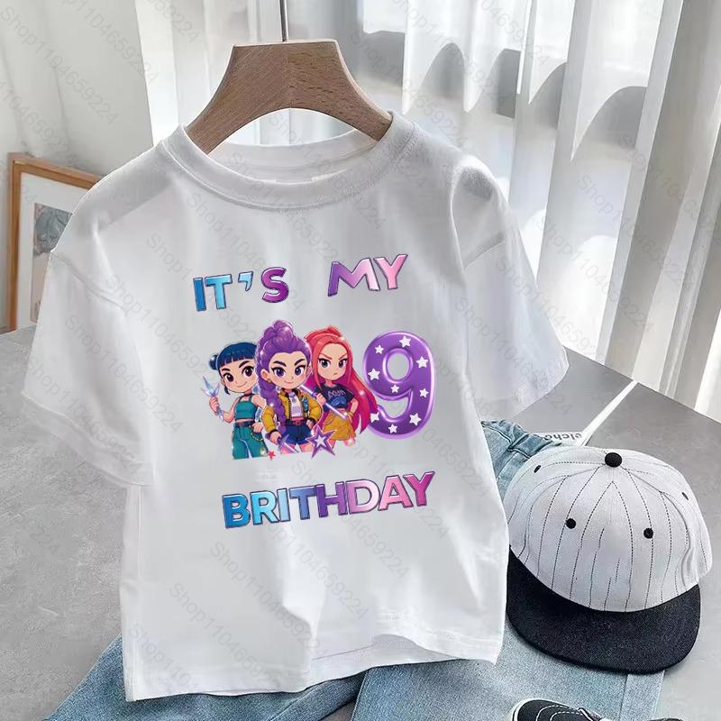 

3-9 Years Birthday Girls Boys Cartoon Print T Shirt K-Pop Demon Hunters Cute Kids Clothes Children T-Shirts 140