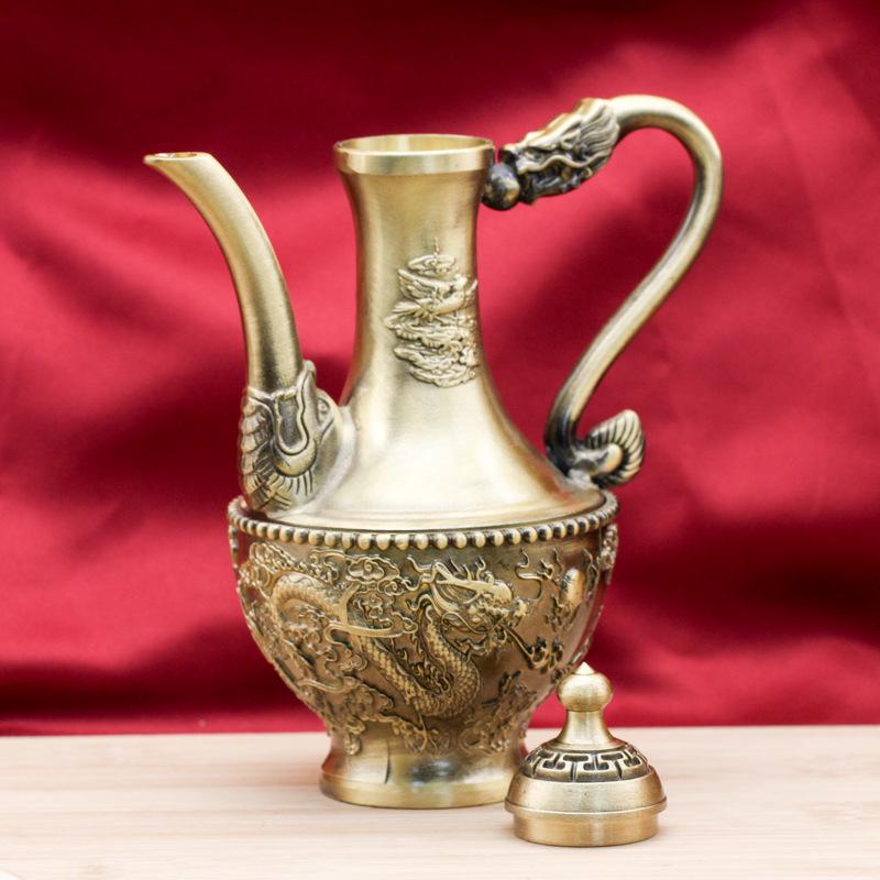 Elegant Brass Dragon Phoenix Wine Set - Antique-Style Relief Craftsmanship