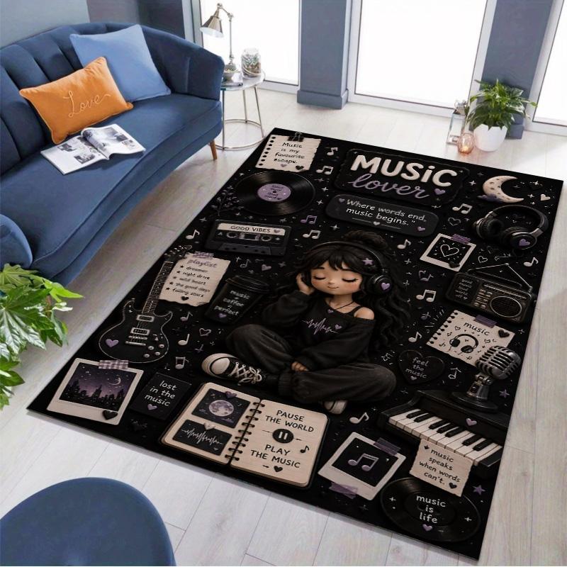 Music Lover Girl Vinyl Record Guitar Note Print Area Rug Non‑Slip Rectangular Floor Mat Art Home Decor for Gaming Room Living Bedroom
