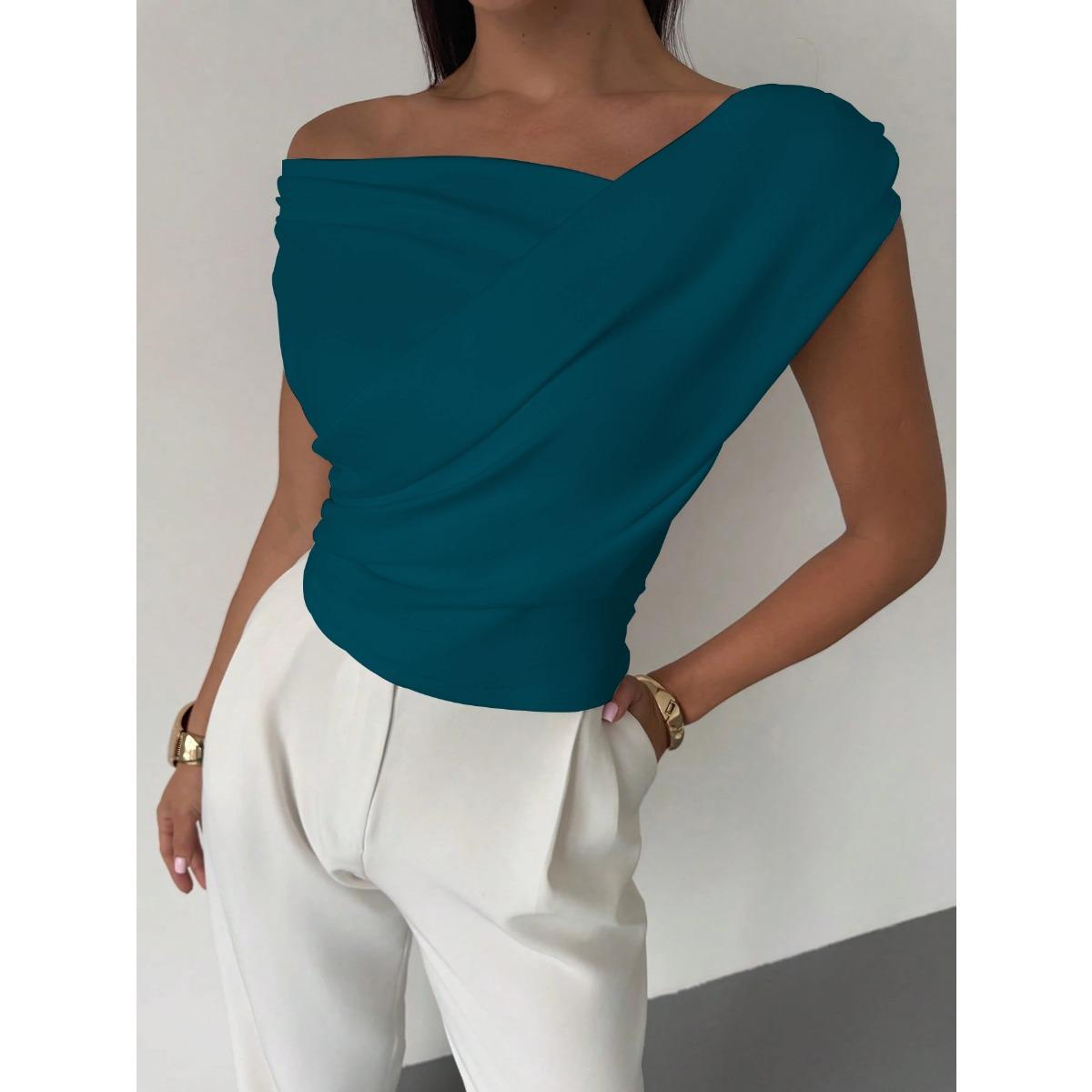 

Однотонная женская футболка без рукавов, простой стиль, скошенное плечо, облегающий крой, короткий топ без рукавов S