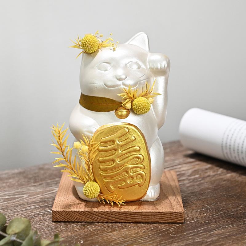 6 Inch Colorful Maneki Neko Ceramic Fortune Cat With Wooden Stand Preserved Flower Collective Lucky Cat Gift Decoration Ornament