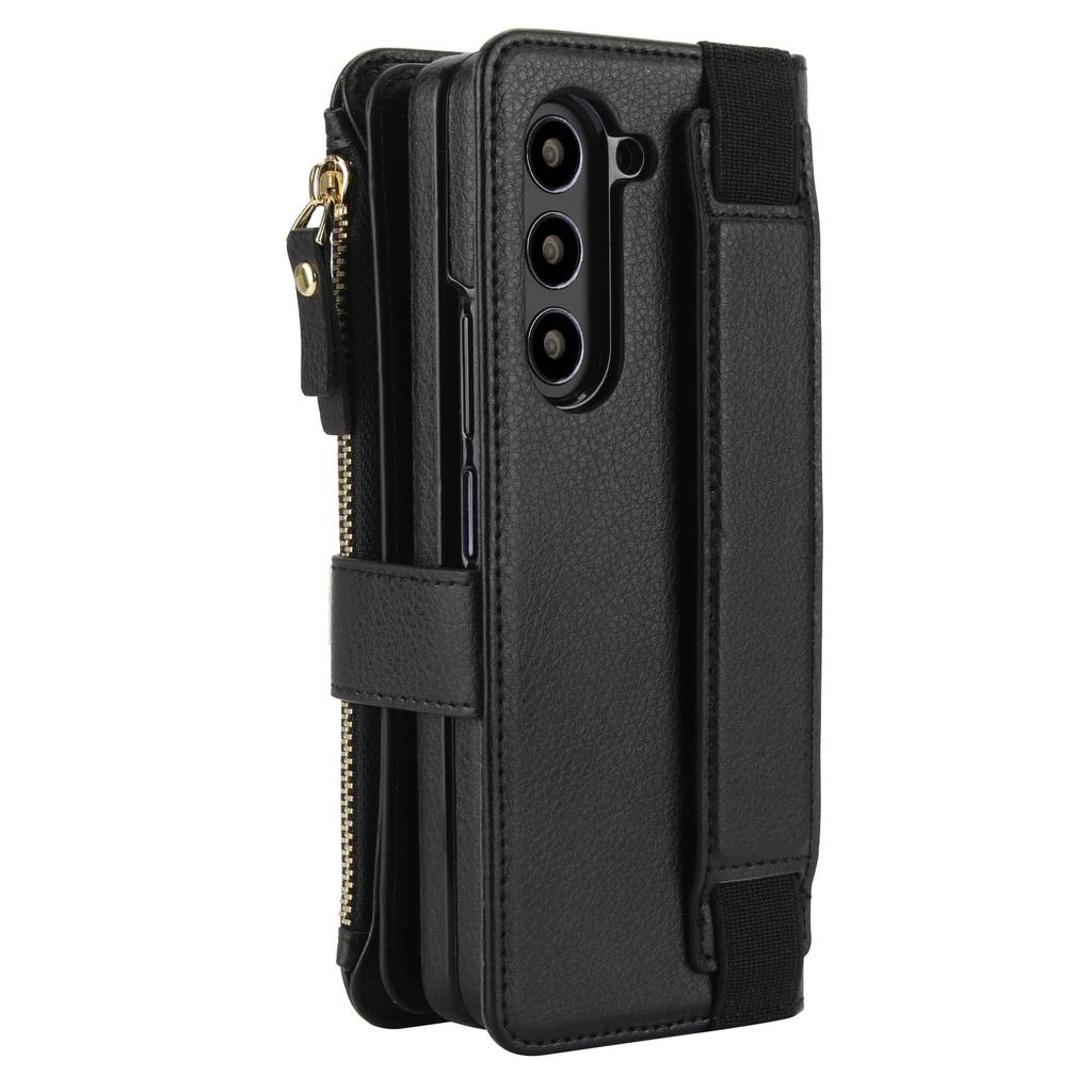 For Samsung Galaxy Z Fold 7, Flip Wallet Case with Wrist Strap, S Pen Holder, Hand Strap, Kickstand, Card Slots, Zipper Pocket