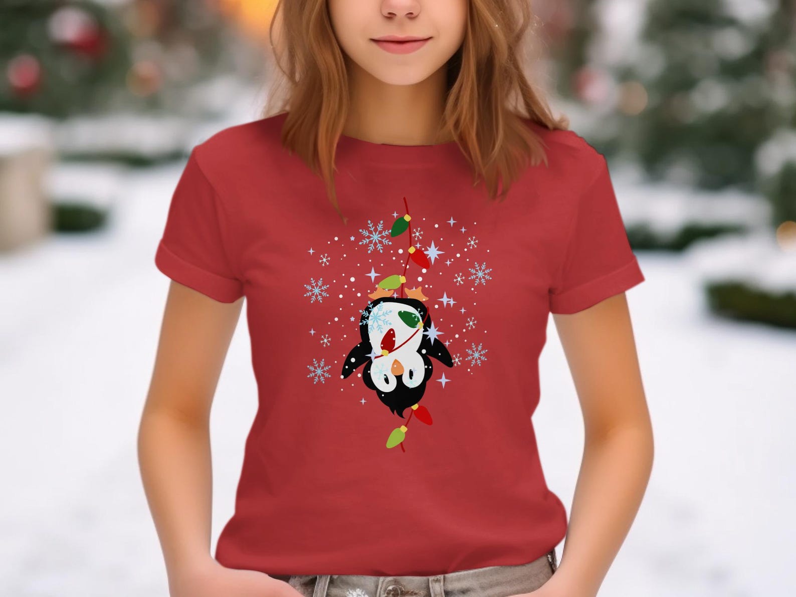 Penguin Christmas T-Shirt, Whimsical Holiday Lights Tee, Toddler Youth Apparel 2XL