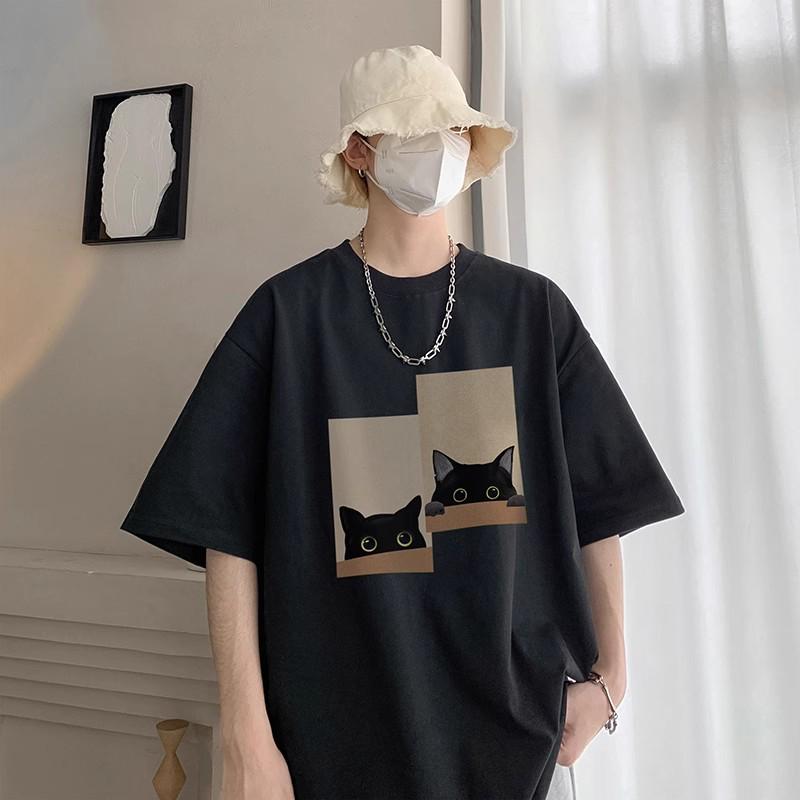 Men's Short-Sleeve Cotton Loose Print Round Neck Tee