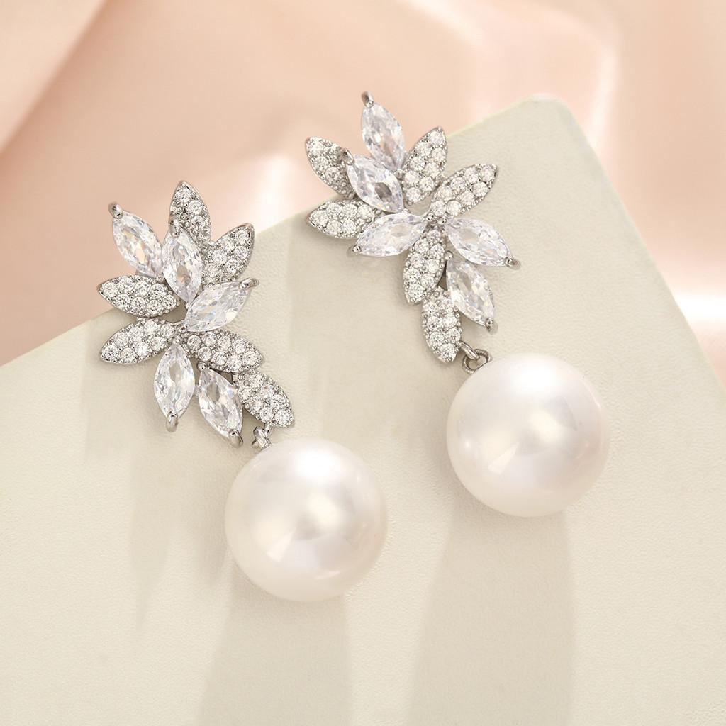 Geometric Pearl Drop Earrings With Cubic Zirconia For Elegant Women