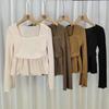 Square Collar Waist Cinched Flared Sleeve Top Short Design with Knitted Base Underneath