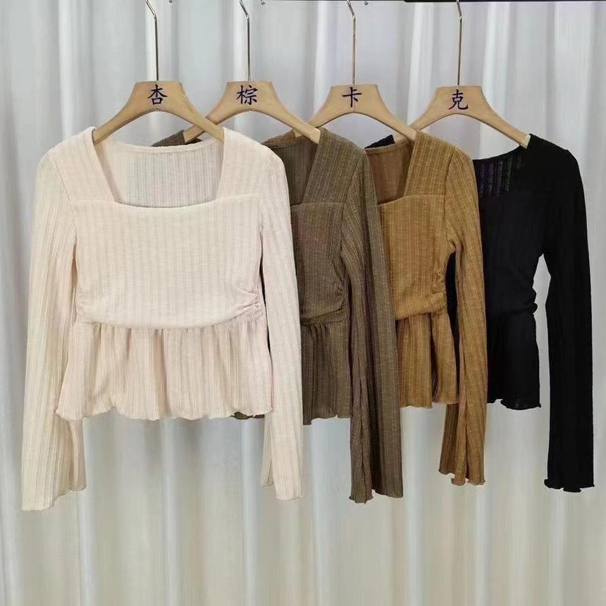 Square Collar Waist Cinched Flared Sleeve Top Short Design with Knitted Base Underneath