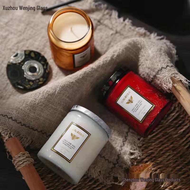 Embossed Glass Jar: DIY Flameless Scented Candle Cup with Colored Pattern