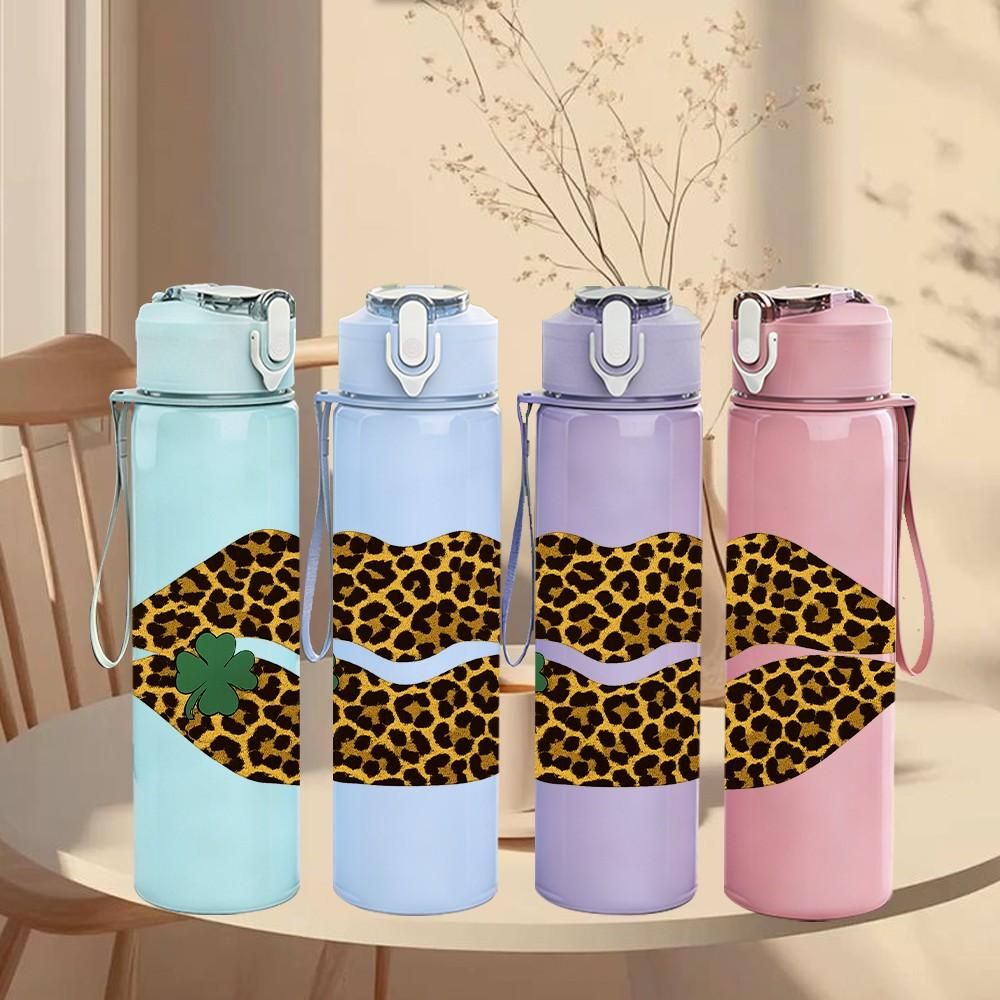 1PC Leopard Print Lips Art Print 750ml Color Plastic Sports Water Bottle Leakproof Flip Straw Lid Suitable for Sports Office Home Use