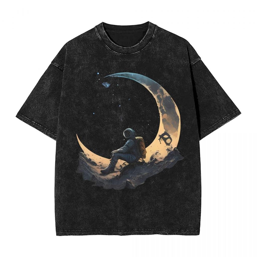 Astronauts Cherish The Lunar woman Men Cotton Washed Hot stamping Print Harajuku Cotton Mens Summer Short Sleeve Tees