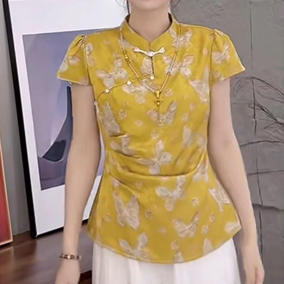 

2025 summer stand-up collar outer shirt butterfly versatile short-sleeved top premium T-shirt M [Recommended within 50kg]