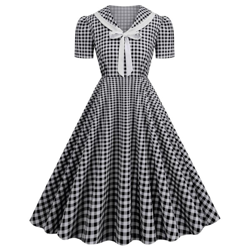 Vintage women's V-neck short-sleeved bow strap polka dot plaid vintage big swing skirt