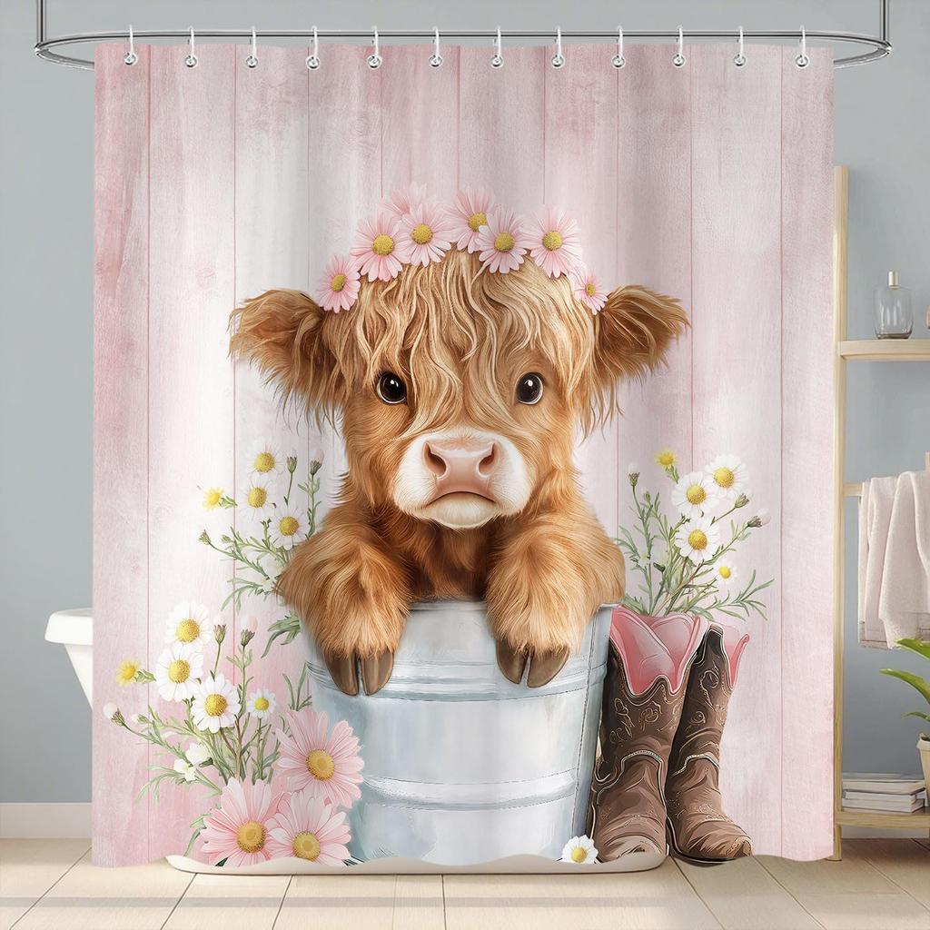 Western Highland Cow Shower Curtain, Funny Cute Art Cow Print Rustic Country Farmhouse Blue Floral Bathroom Decor, Waterproof