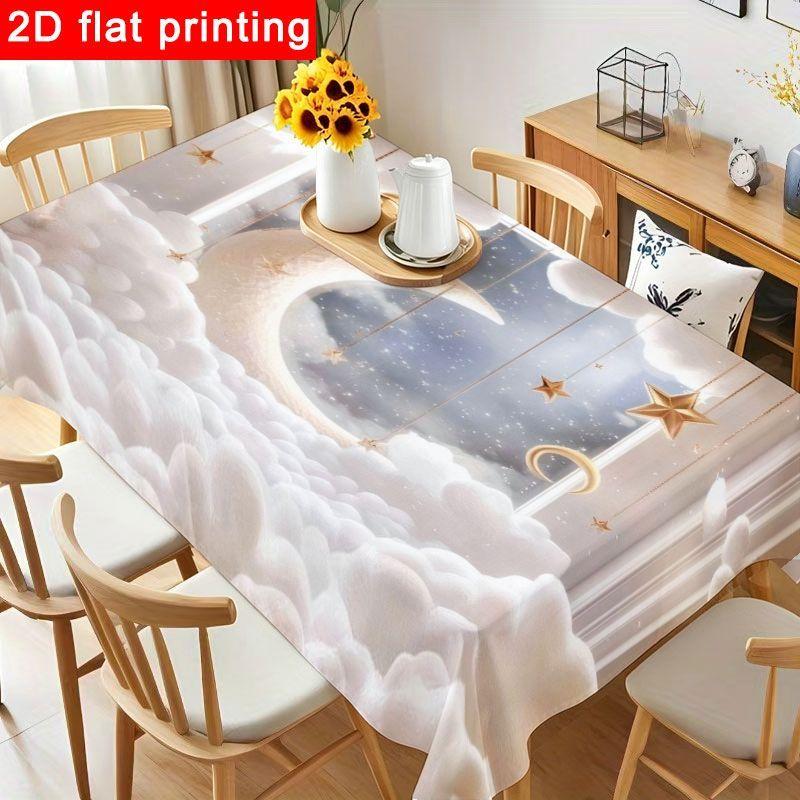1pc Whimsical Celestial Tablecloth - Dreamy Creamy Crescent Moon Design, Reusable & Easy to Clean Polyester Table Cover for Baby Shower, Birthday Part