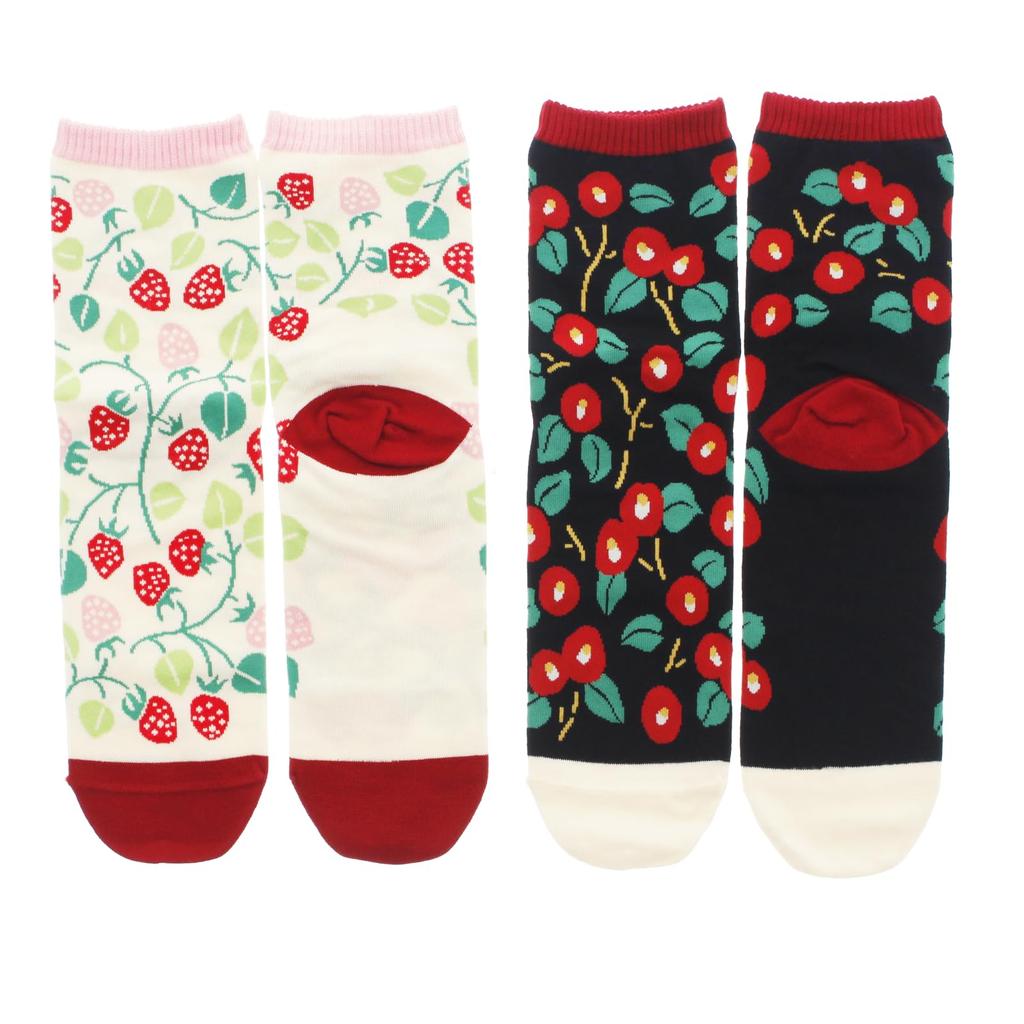 Kyosuke Crew Smooth Sizes Set of 2 Pairs Socks, Socks, Camellia/Strawberry, Black, Pink, 23-25cm,