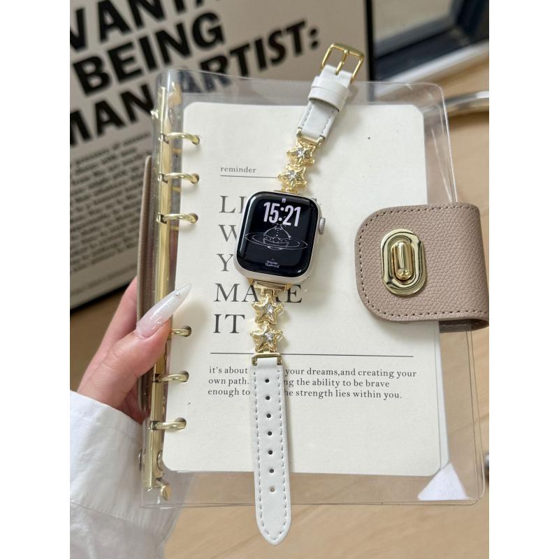 Luxury Diamond Strap for Apple Watch Bands S10 8 9 SE 7 6 Star Leather Women Wristband for iWatch 45 42 46 49 41 44 Ultra 46mm