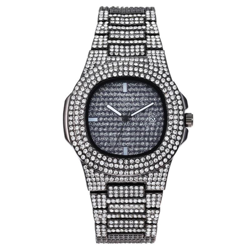 Luxury Unisex Full Diamond Steel Band Quartz Wristwatch with Calendar