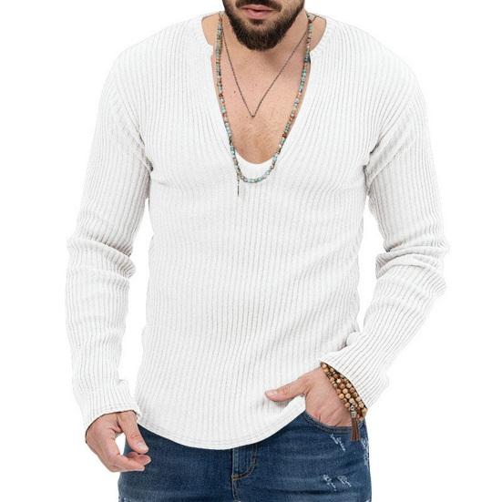 Men Fall Winter Sweater V Neck Slim Fit Long Sleeve Elastic Knitted