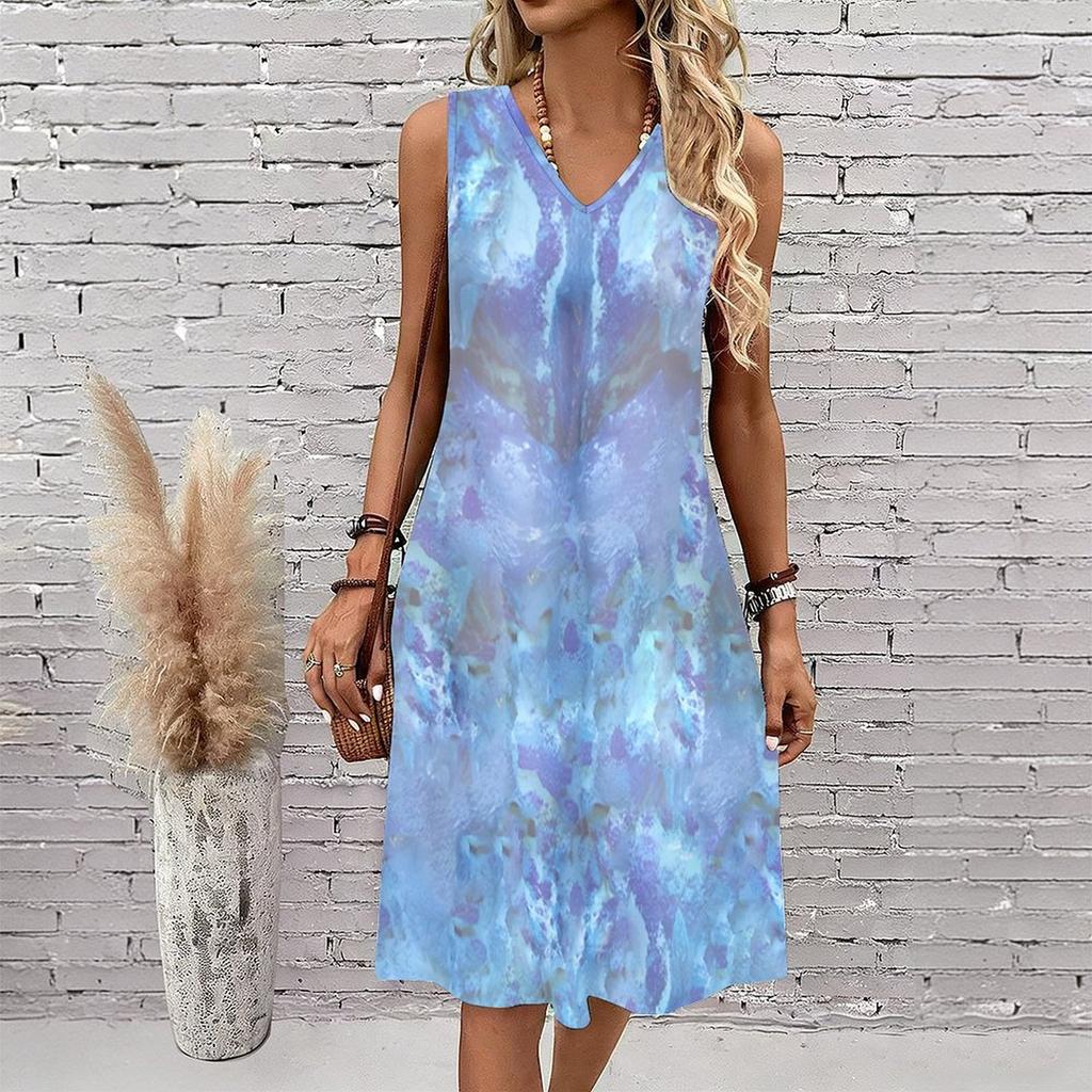 Plus Size V Neck Sleeveless Deep Mountain Bamboo Forest Stream Print For Summer Zen Outfit