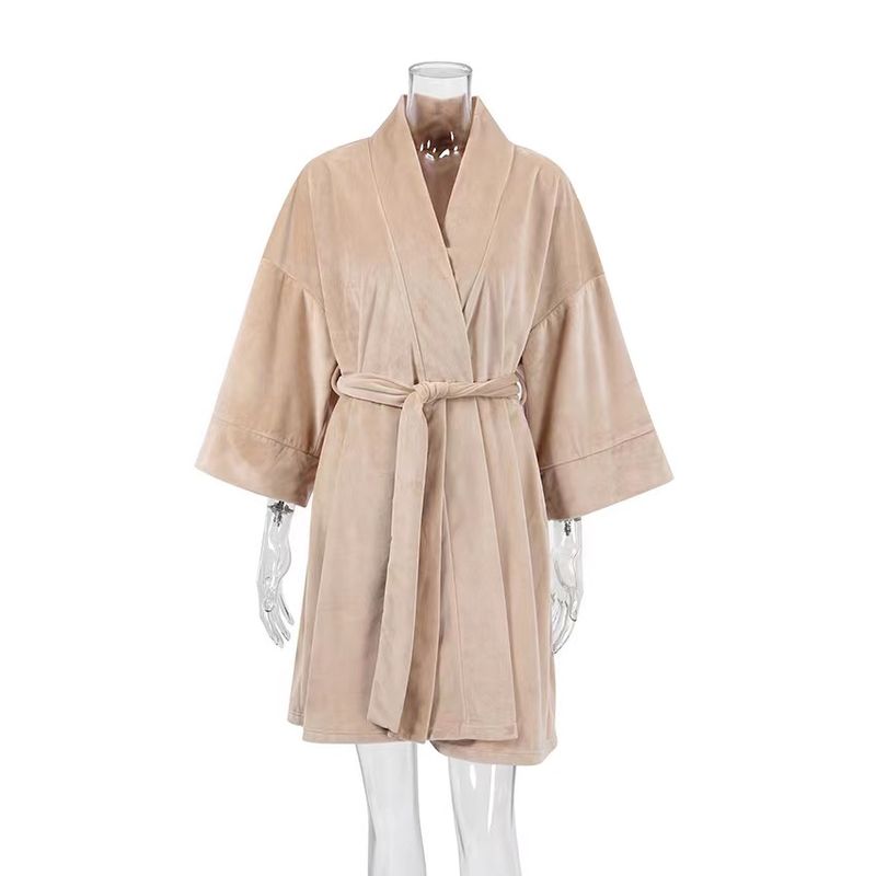 

Fashion Style Cardigan 3/4 Sleeve Loose Pure Color Tied Dress Homewear Lace-up Loose Dress Khaki M