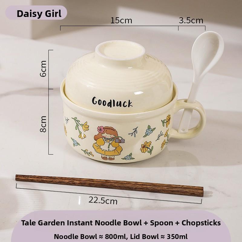 Ceramic Instant Noodles Bowl with Lid And Handle Dormitory Student Microwave Safe Soup Bowl Personal Special Bowl Cartoon Design