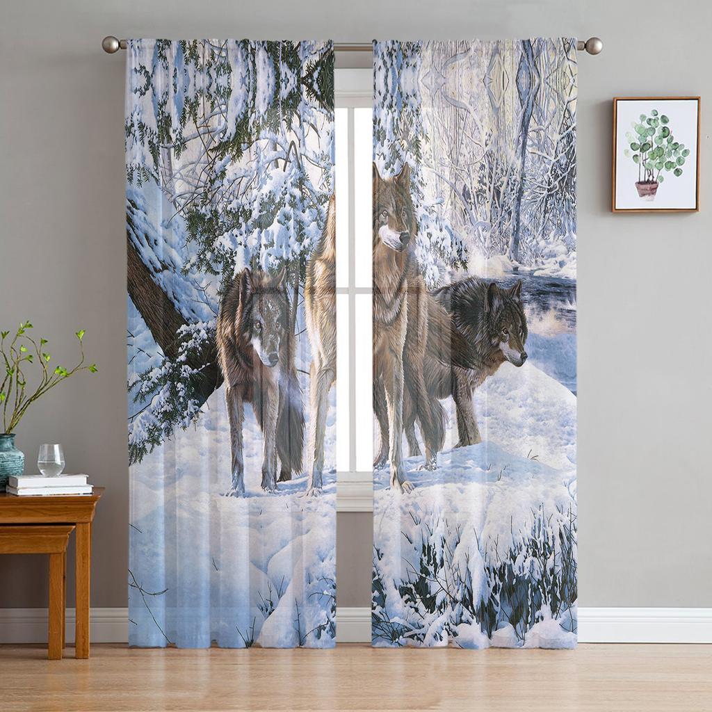 Wolf Forest Animal Tylové závěsy do obývacího pokoje Voile Průsvitný okenní závěs do ložnice Šifonové závěsy do kuchyně