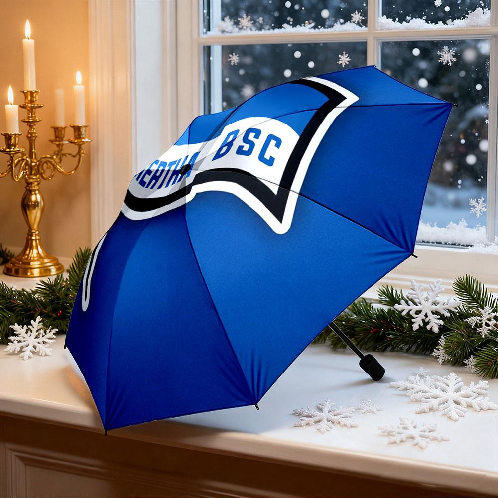 Windproof Umbrella with Hertha BSC Berlin Football Club Flag Crest Print, Blue White Banner Design, Soccer Fan Gift