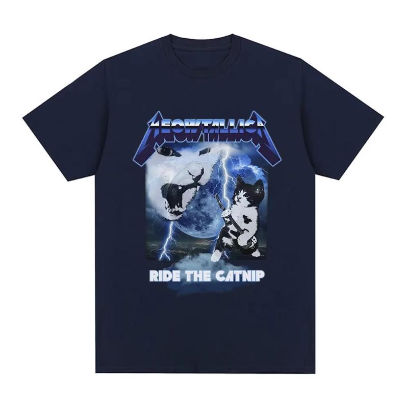 Meowtallica Funny Cat Meme Tshirts Heavy Metal Rock Cats T Shirt Unisexs Women Fashion Casual Cotton Oversized Tshirt Tops S