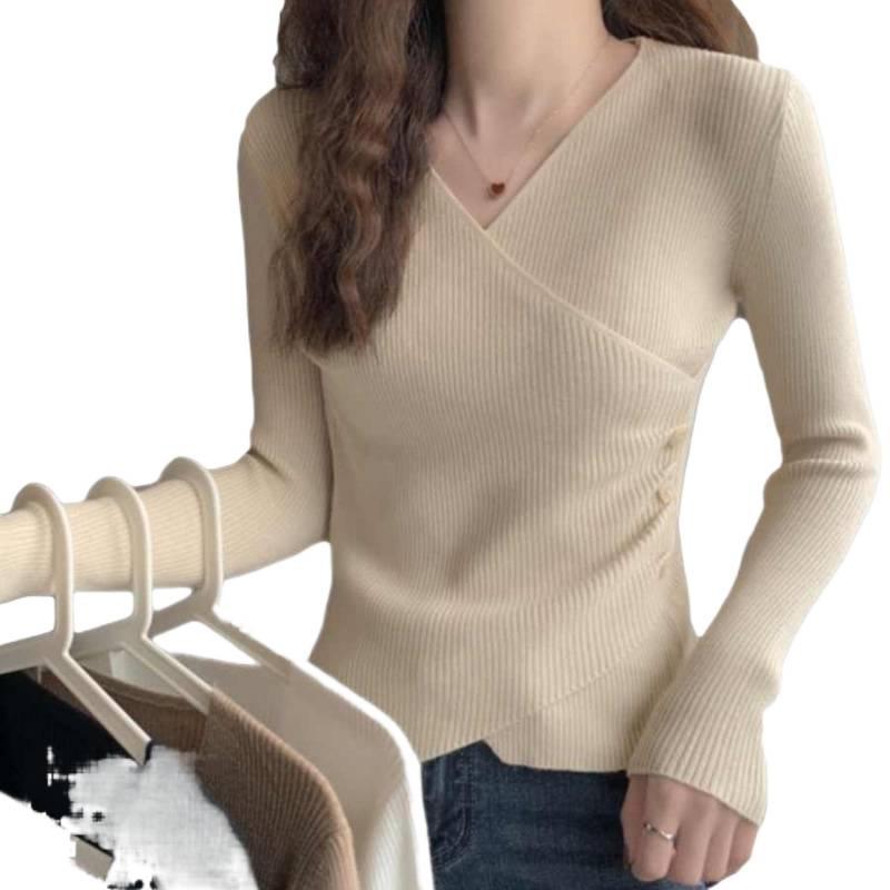 Autumn/Winter Women's Designer V-Neck Knit Sweater - Trendy French-Style Base Layer.