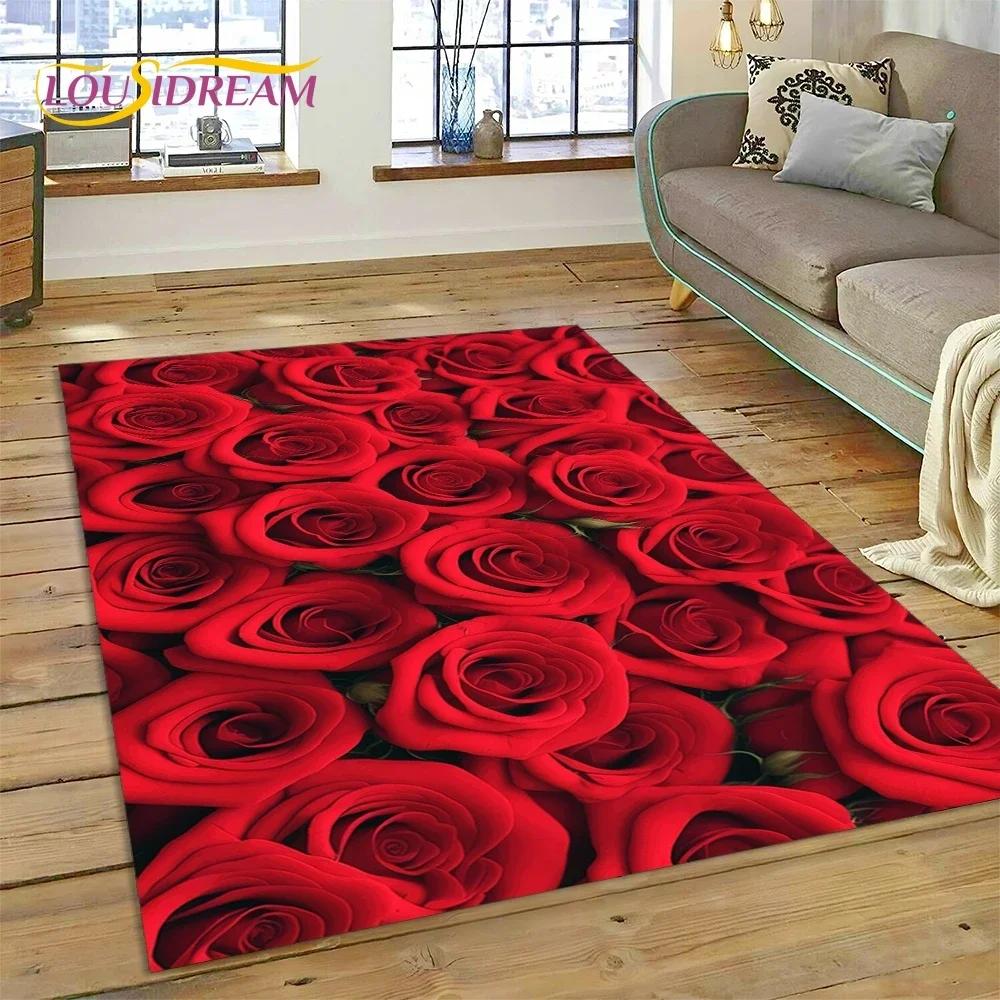 Rose Flowers Nordic Love Romantic Carpet Rug for Bedroom Living Room Home Sofa Decoration,Children Game Large Decor Floor Mat