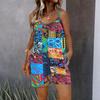 Womens Sleeveless Spaghetti Strap Romper Geometric Pattern Print Pocket Short Jumpsuit