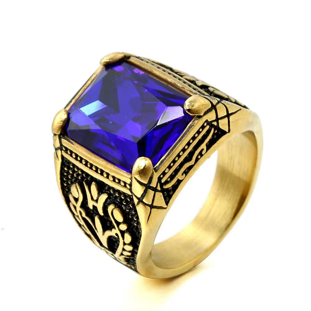Vintage Big Green/Black/Red/Blue Color Stone Rings for Men Stainless Steel Fashion Punk Handmade Carved Tulip Ring Party Jewelry