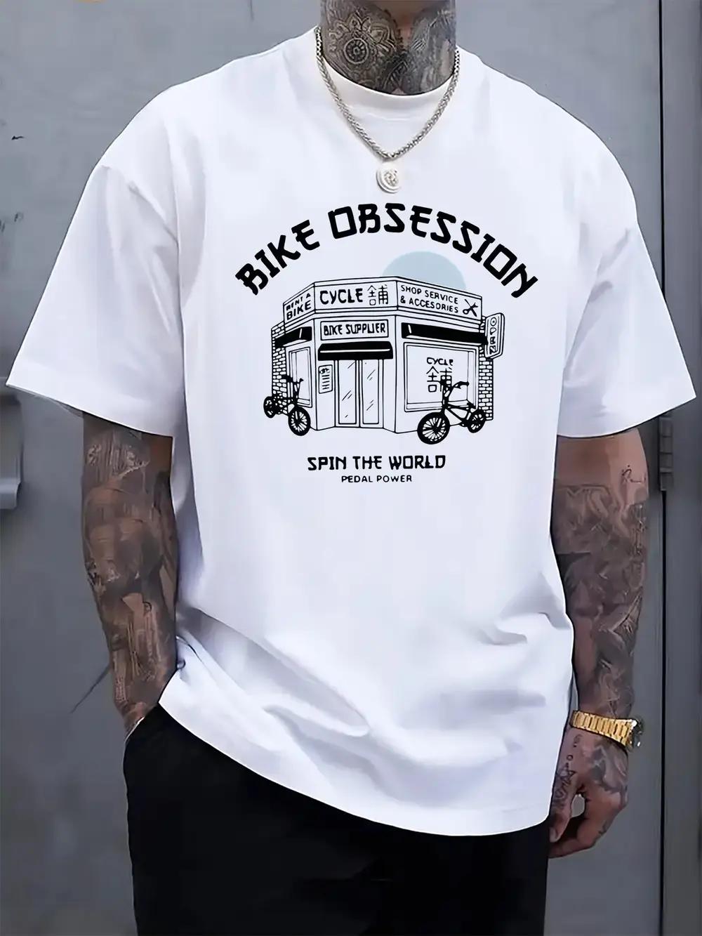 Bike Obsession Graphic T-shirt - Black Casual Crew Neck Tee with  Spin the World  Design S