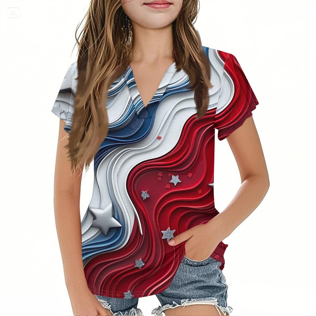 Summer Children's Casual Fashion Short-Sleeved V-Neck Independence Day Girls' Top