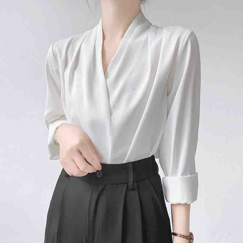 New Spring 2025 Fashion Office Lady Women Blouse Shirts Long Sleeve V-Neck White Chiffon Blouse Shirt Women Tops Blouses J746
