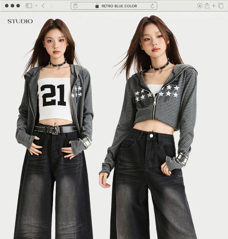 Dámské retro černé a šedé džíny se širokými nohavicemi s designem puku pro podzim 2025