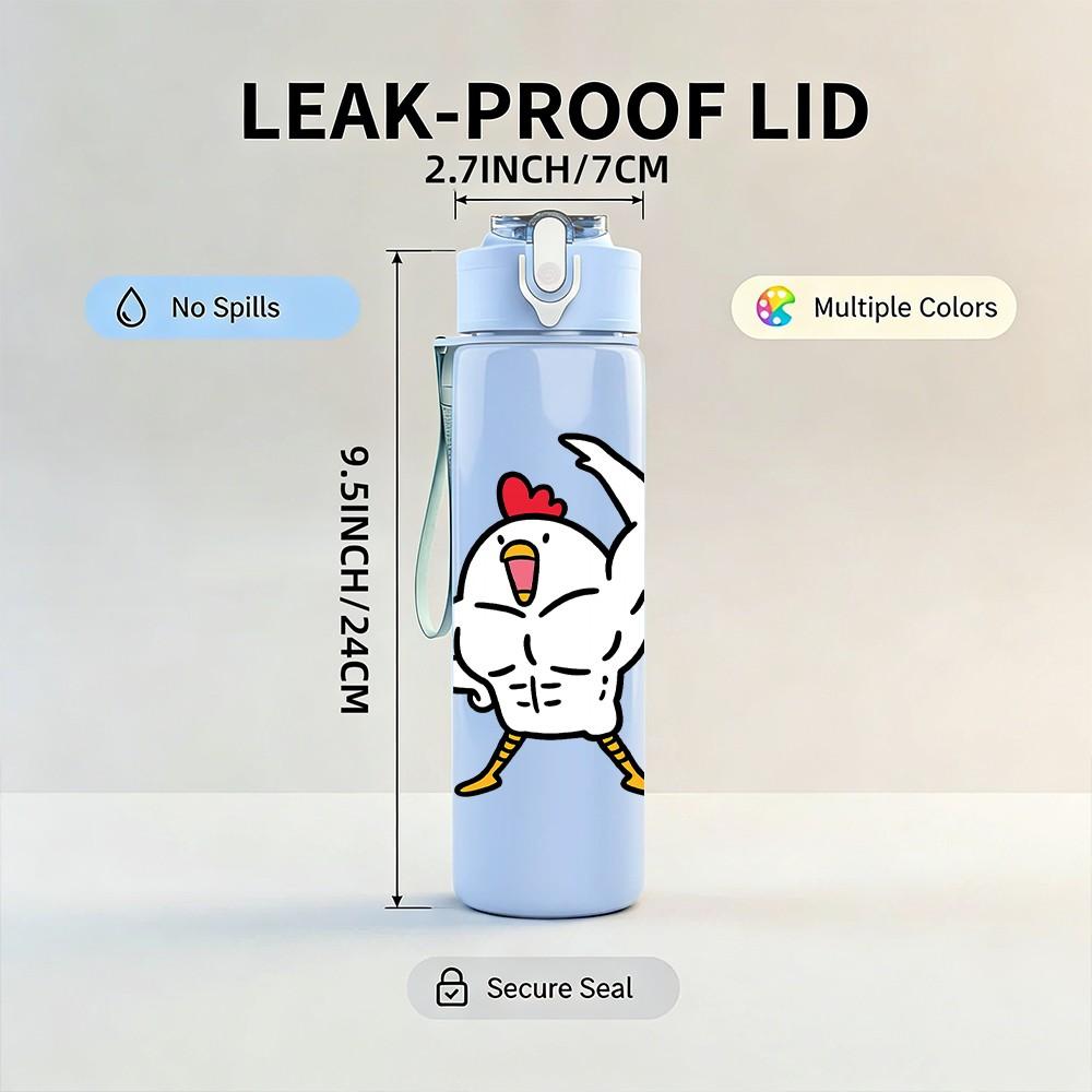 1PC Muscular Chicken Cartoon Print 750ml Color Plastic Sports Water Bottle Leakproof Flip Straw Lid Suitable for Sports Office Home Use