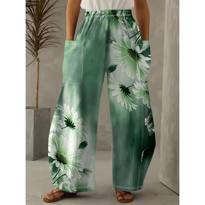 Flower Print Straight Leg Trousers, Casual Everyday Trousers with Elastic Waist
