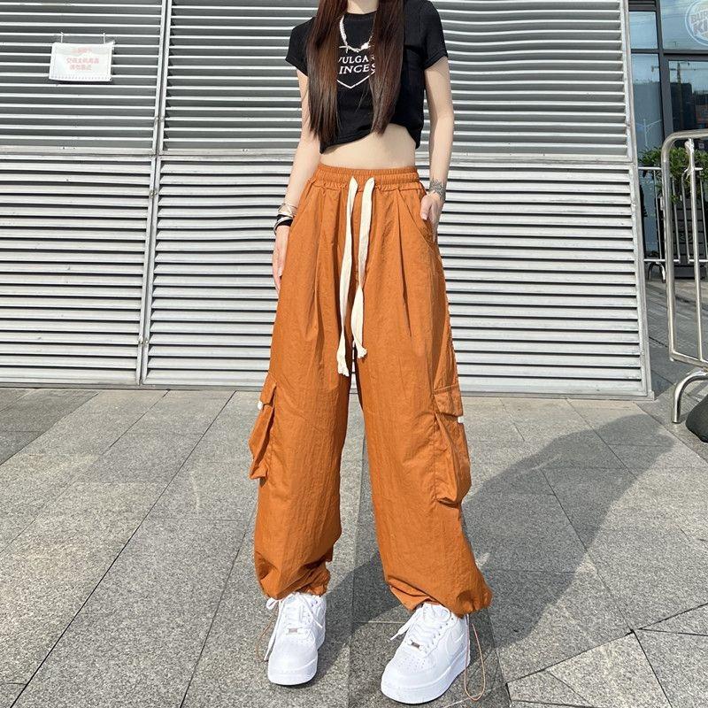 Sokak Giyimi Kadın Büyük Boy Düz Kargo Pantolon Elastik Bel Bağcıklı Gevşek Harajuku Hip Hop Rahat Geniş Bacak Spor Pantolonu