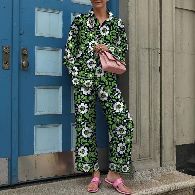 Grünes geometrisches Print Damenhemd und Wide Leg Hosen Kombinationsset