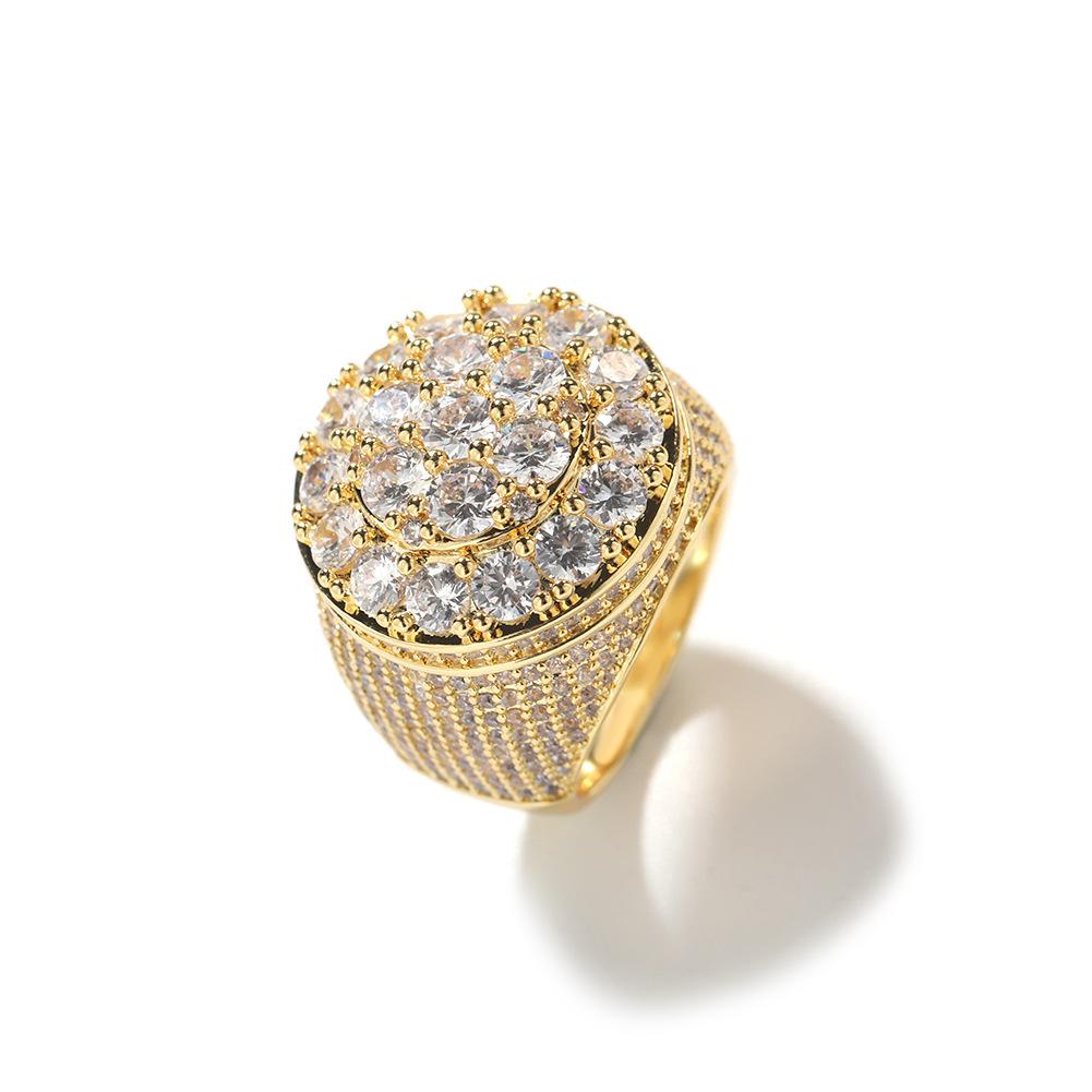 Men's Hip Hop Ring Trendy Retro Copper Material Real Gold Electroplated Flower Diamond Ring Personalized Jewelry