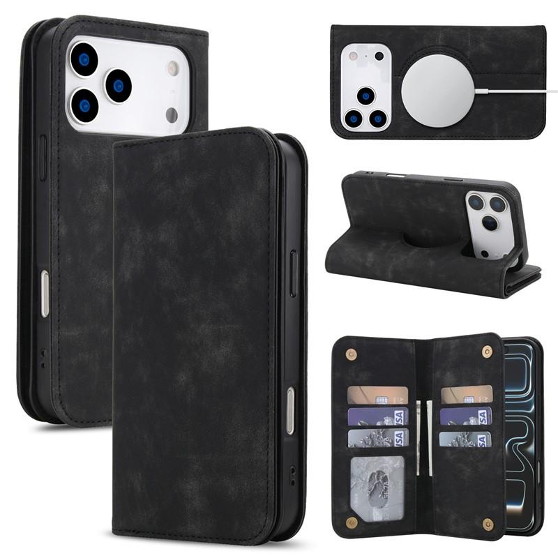 Wireless Charging For Magsafe Wallet Flip Case For iPhone 17 Pro Max 12 13 14 Plus 15 16 Pro Retro Leather Card Slots Book Cover