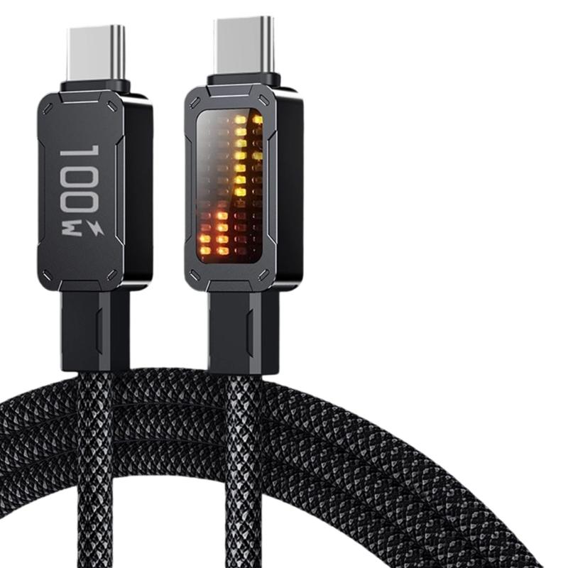 

Heavy Duty Aluminum Alloy USB C Cable Wire PD100W Fast Charge And Data Transfer With Dynamic Colorful LED Light Effects чорний