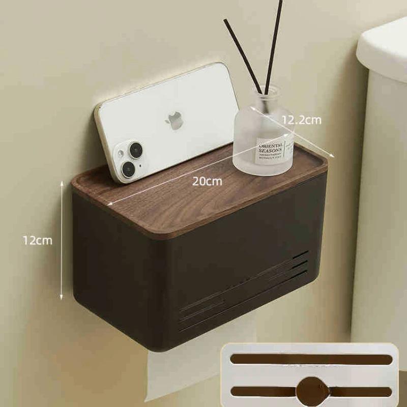 Walnut&Beech bathroomWaterproof Wall Mount Toilet Paper Holder Shelf Toilet Roll Paper Tube Storage Rack Storage Box Tray Rack