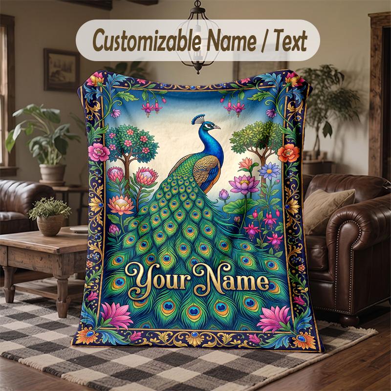 Peacock Floral Artwork Theme Throw Blanket Custom Name Text Personalized Blanket Soft Cozy Blanket for Home Sofa Bed